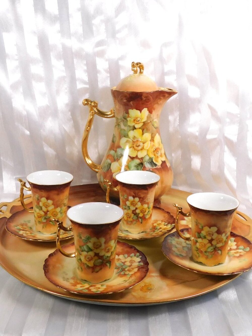 Jean Pouyat Limoges Large Chocolate Pot, Serving Tray and Cup Set # 26523